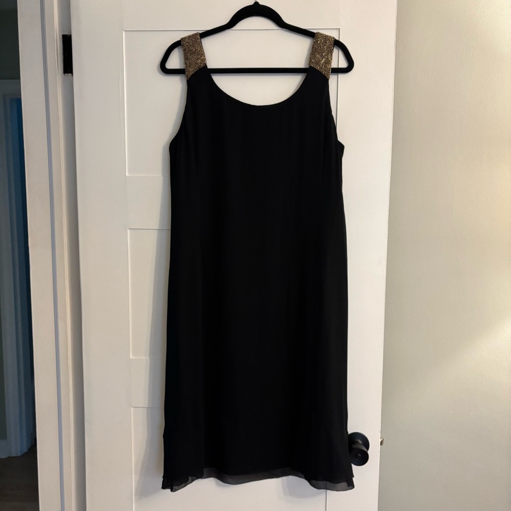 Eileen Fisher 100% Silk black dress scoop neck sleeveless beaded shoulders flowy